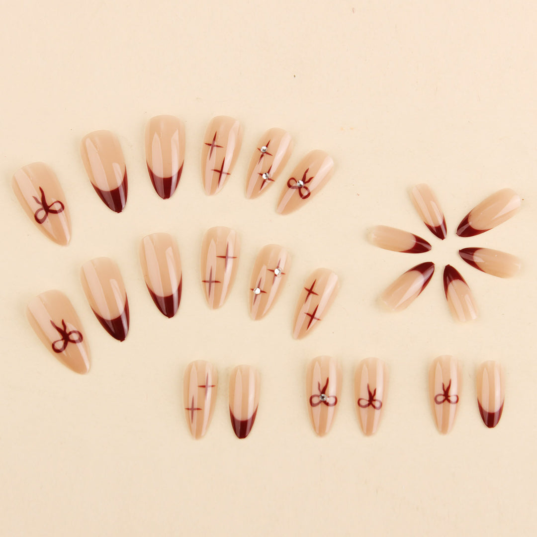 Artistic Press-On Nail Art Set with Decorative Bow and Crystal Accents Stornfield