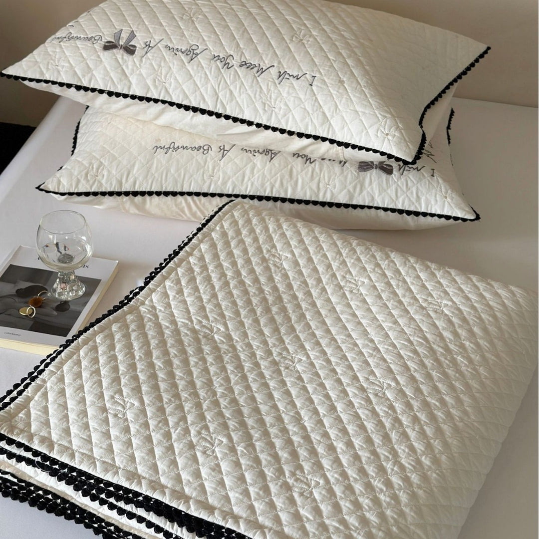 Ruffled Quilted Bedspread Ensemble with Euro Sham, Round Ruffle Accent Pillow & Embroidered Detail