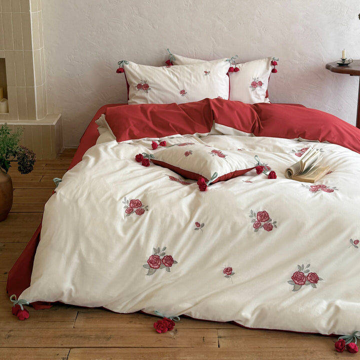 Embroidered Rose Cotton Sateen Reversible Duvet Cover Set