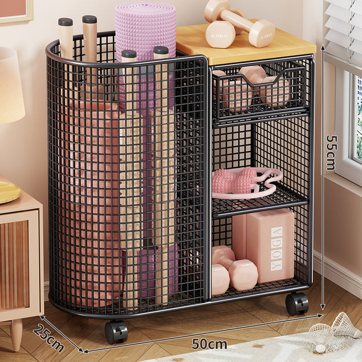 Mesh Rolling Fitness and Yoga Equipment Organizer Cart with Tall Curved Mat Compartment and Slide Drawer