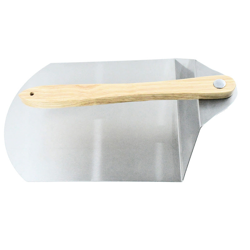 large round stainless steel pizza paddle with beveled edge and full-length wooden handle Stornfield