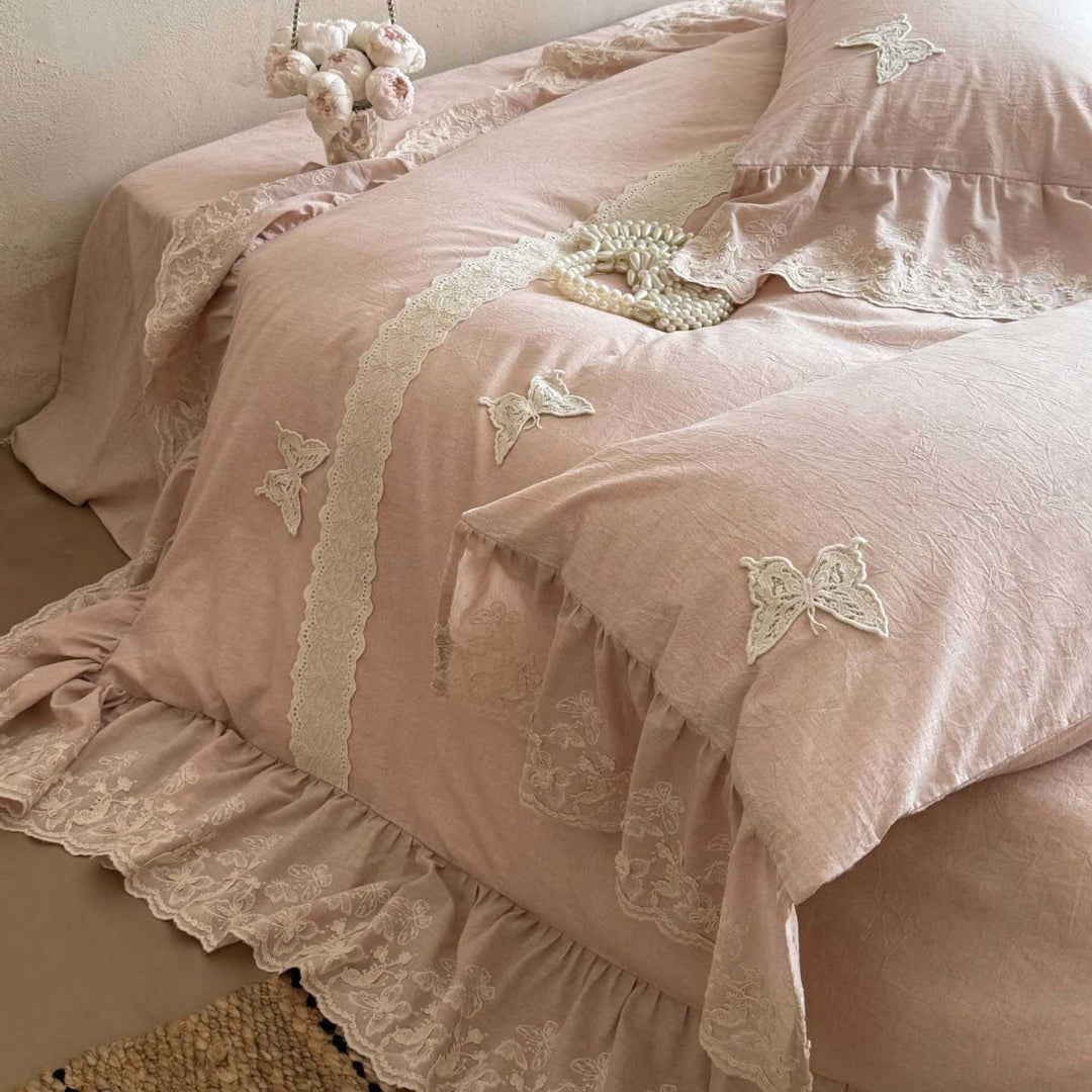 Ruffled Lace-Trimmed Cotton-Linen Duvet Cover Set with Embroidered Butterfly Appliqués