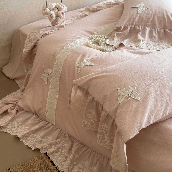 Ruffled Lace-Trimmed Cotton-Linen Duvet Cover Set with Embroidered Butterfly Appliqués