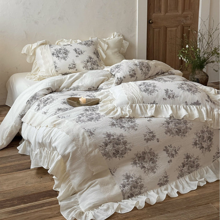 Ruffled Floral Cotton-Gauze Duvet Cover Set with Lace-Trim Pillow Shams