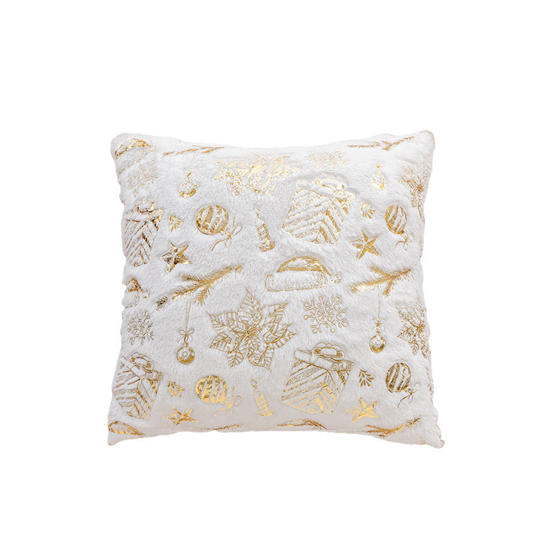 Holiday Faux Fur Decorative Throw Pillow with Foil Reindeer & Tree Print Plush Square Accent Cushion
