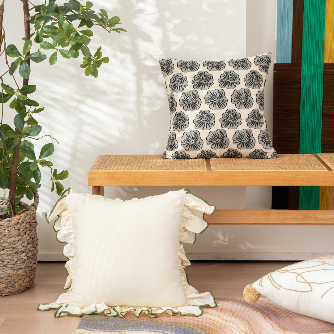 Decorative embroidered cushion cover made of cotton-linen with floral relief pattern Stornfield