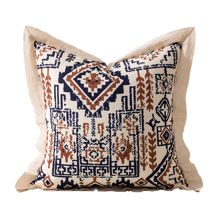 Square decorative cushion with mandala-like jacquard pattern and linen flange