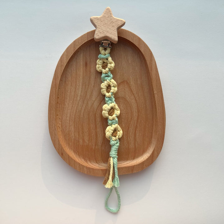 Cotton Crochet Floral Pacifier and Teether Clip with Wooden Heart Safety Clip