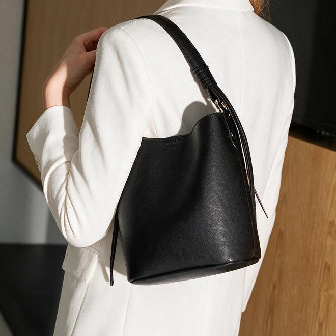 Structured Leather Shoulder Bucket Bag with Knotted Strap