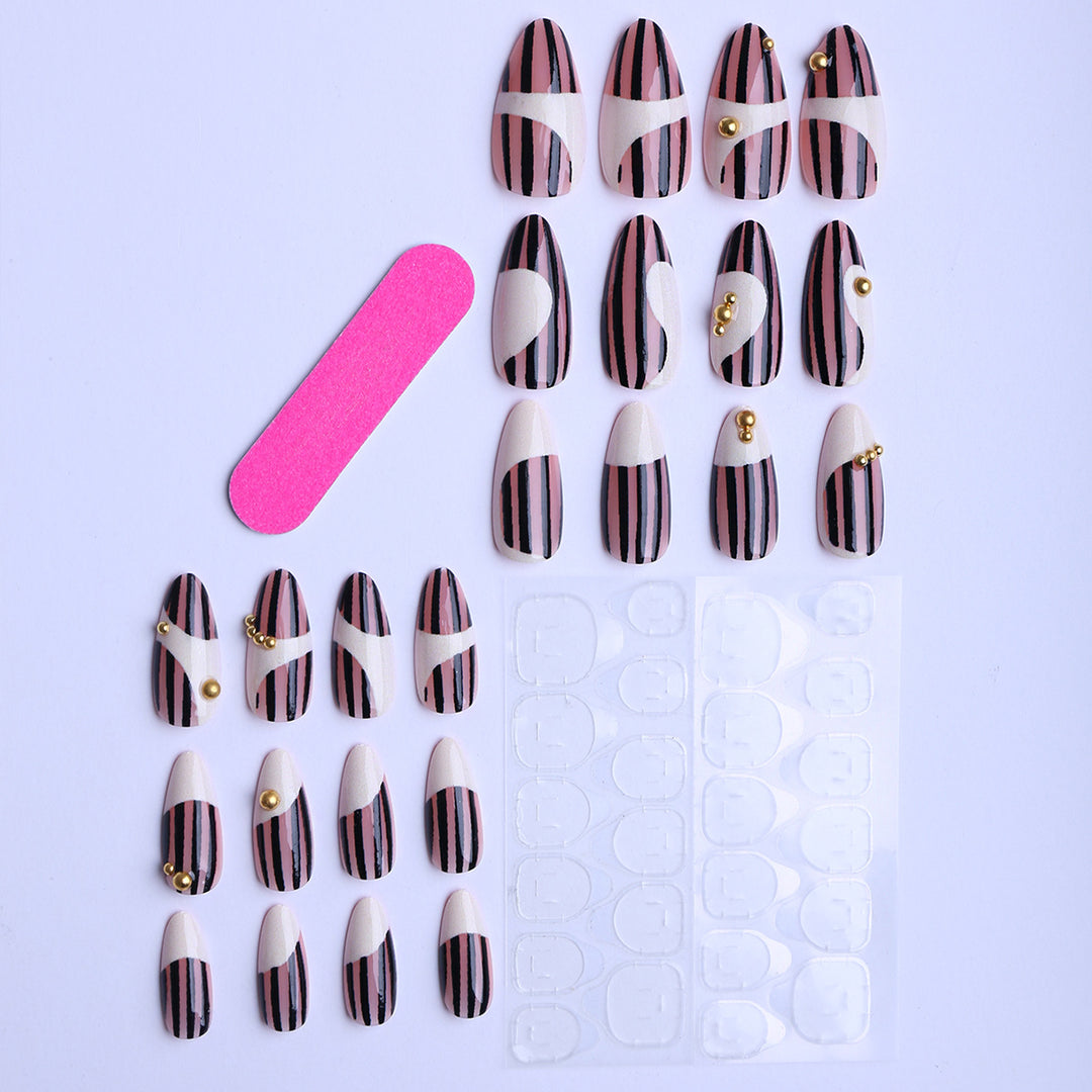 Artificial Fingernails In Elegant Stripe Design with Gold Accents Stornfield