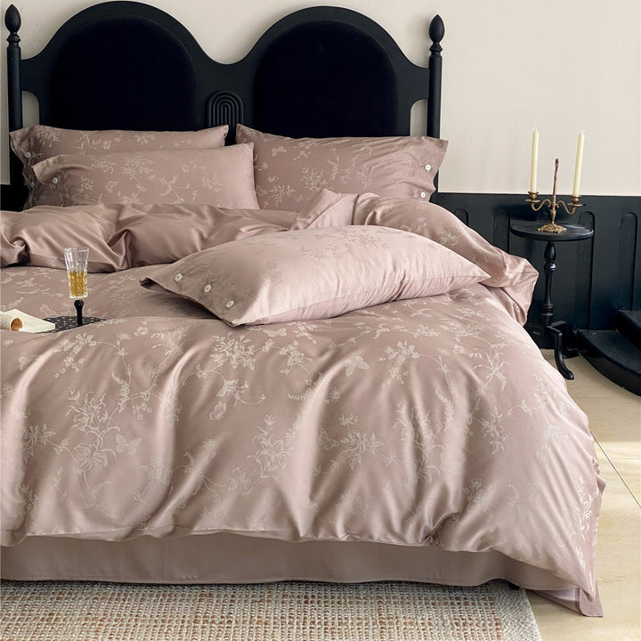 Satin-Blend Jacquard Floral Duvet Cover Set with Button-Closure Pillow Shams