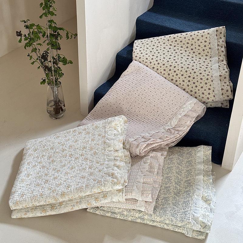 Quilted Ruffled Floral Cotton Coverlet Bedspread Set with Lace-Trim Pillow Shams