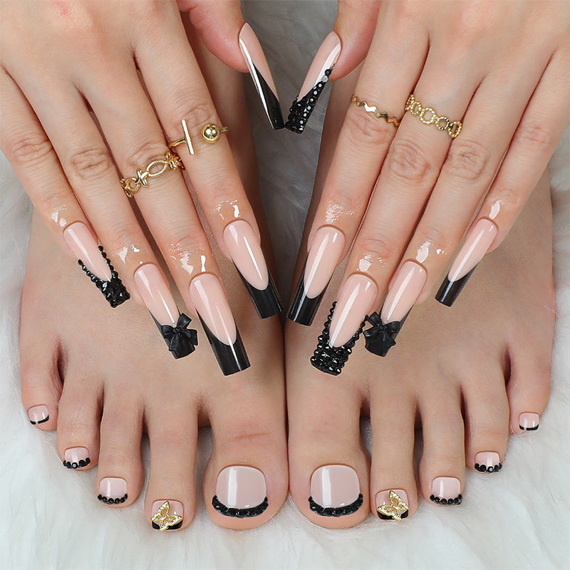 Elegant Press-On Nail Art Set with Decorative Bows and Crystal Accents Stornfield