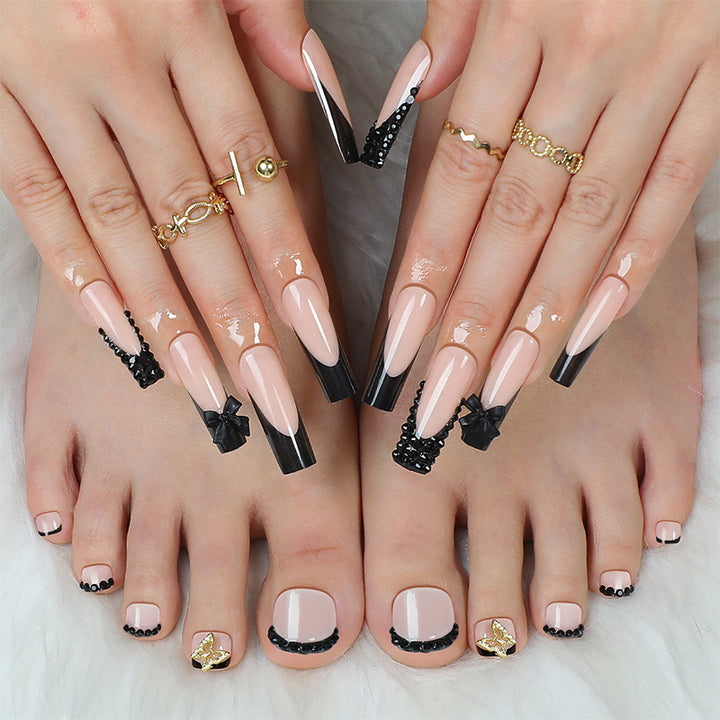 Elegant Press-On Nail Art Set with Decorative Bows and Crystal Accents Stornfield