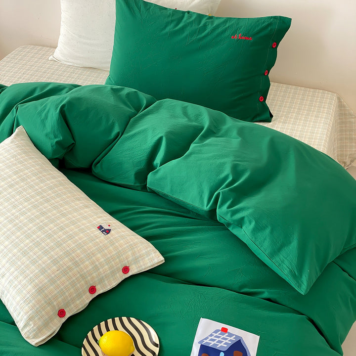 Cotton Percale Duvet Cover Set with Button Closure and Embroidered Accent