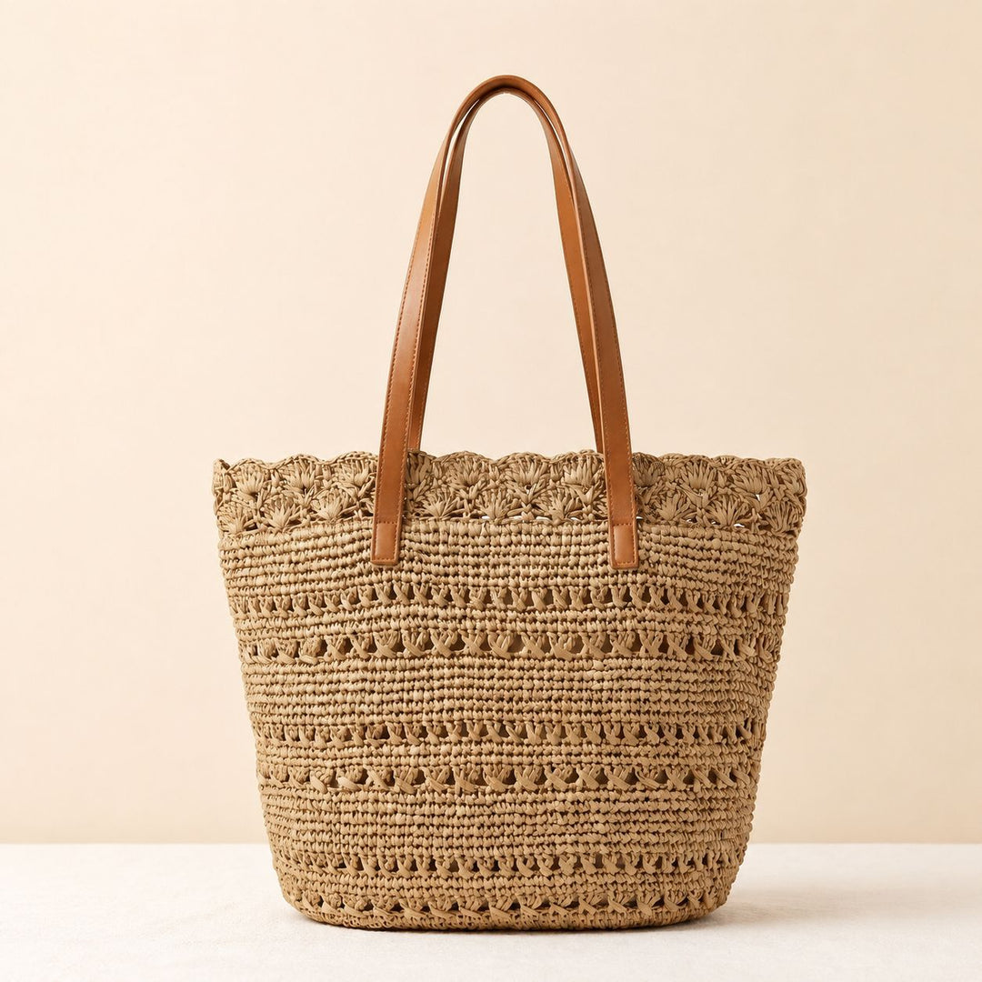 Beach bag with handcrafted crochet pattern and leather handles Stornfield