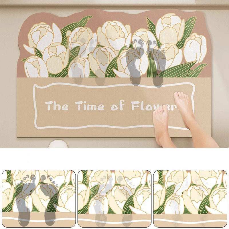 Absorbent Non-Slip Entrance Doormat with Tulip Illustration and 'The Time of Flowers' Typography