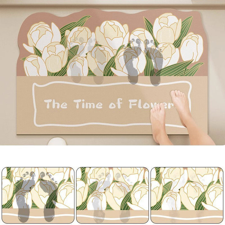 Absorbent Non-Slip Entrance Doormat with Tulip Illustration and 'The Time of Flowers' Typography