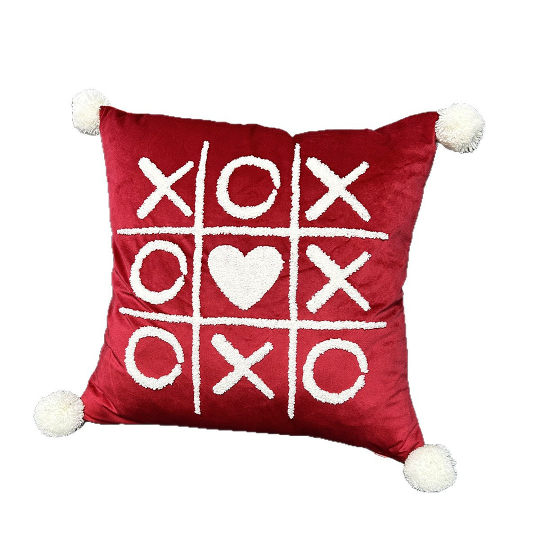 Square Decorative Pillow Cover with Fuzzy Heart Appliqué and Tassel Corners