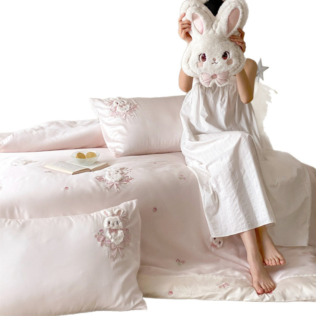 Embroidered Satin Floral Bunny Bed Linen Duvet Cover Set