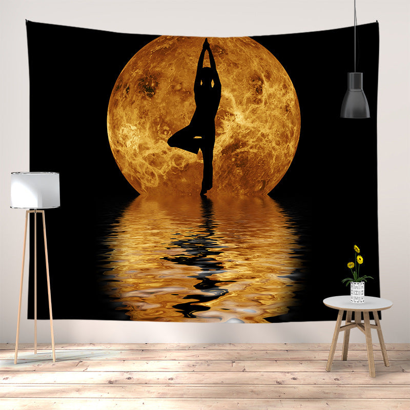 Meditation Yoga Sunset Tapestry Wall Hanging with Silhouette Print