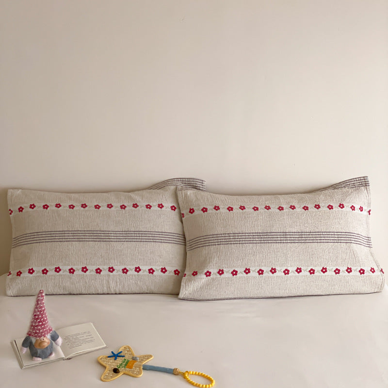Quilted Cotton Pillowcase Pair with Embroidered Lamb Motif and Soft Crinkle Texture