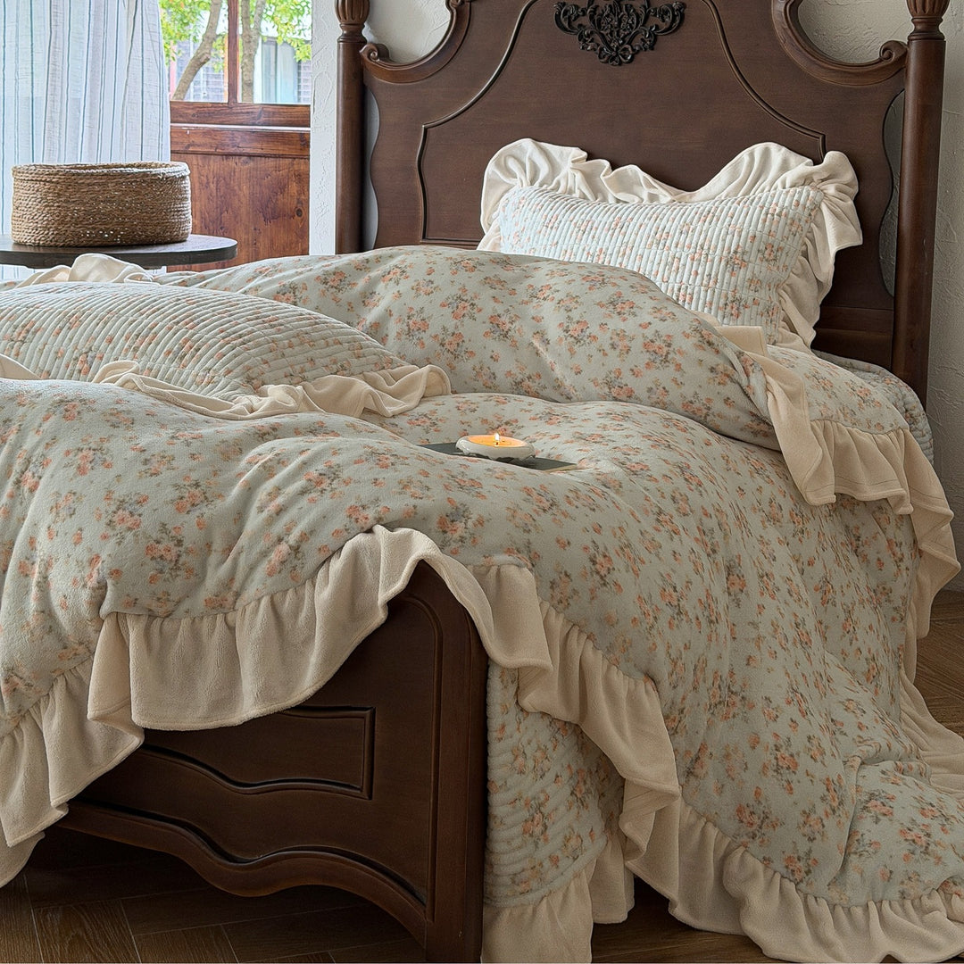 Floral Quilted Ruffled Duvet Cover Set with Gathered Pillow Shams