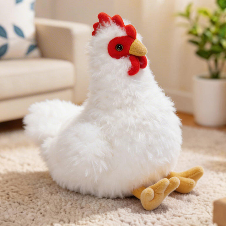 Lifelike Plush Hen Floor Cushion with Fluffy Faux Fur and Embroidered Face Stornfield