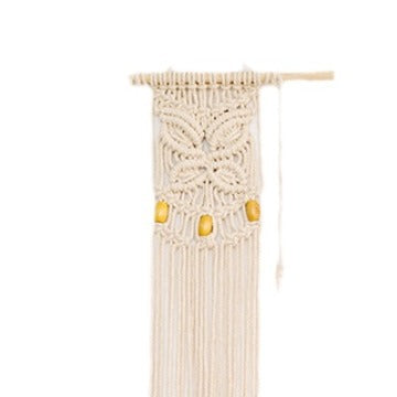 Macrame phone pouch with wooden beads, leaf relief and hanging loop Stornfield
