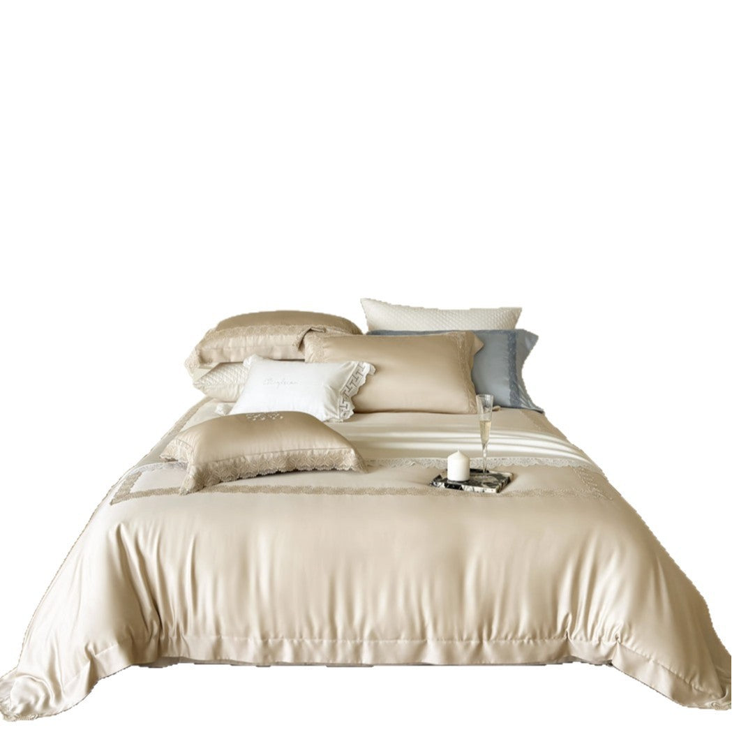 Silky Embroidered Floral Sateen Duvet Cover Set with Lace-Trim Shams