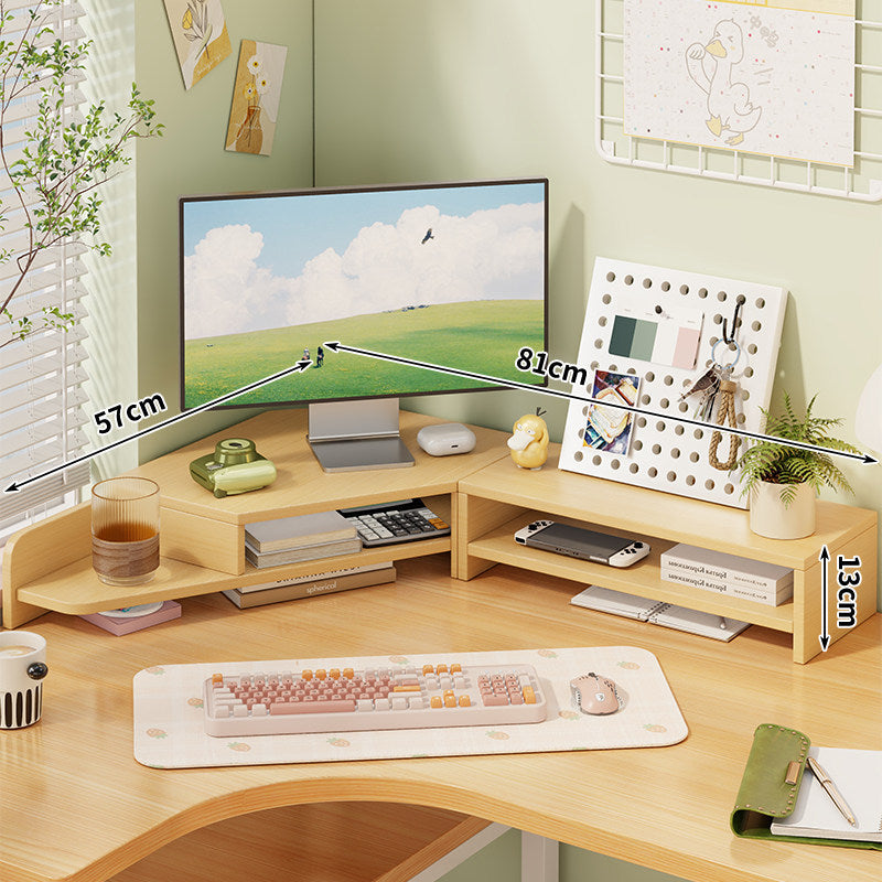 Corner Wooden Monitor Riser with Dual-Tier Storage Shelf