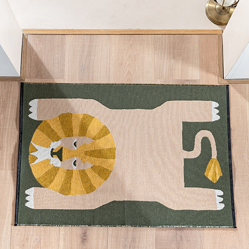 Flat-woven runner with stylized lion motif and non-slip backing