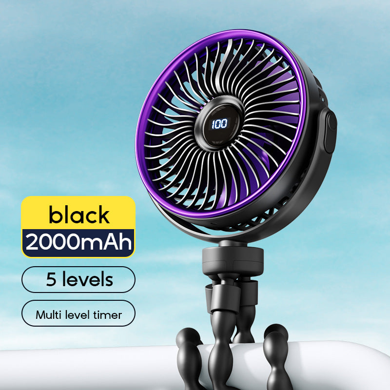 Unisex portable rechargeable clip fan with digital display, flexible clamp and multi-stage speed control Stornfield