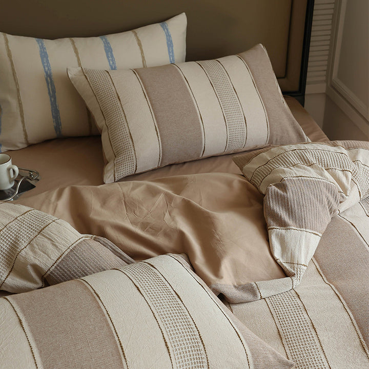 Striped Textured Cotton-Linen Duvet Cover Set with Decorative Euro Shams