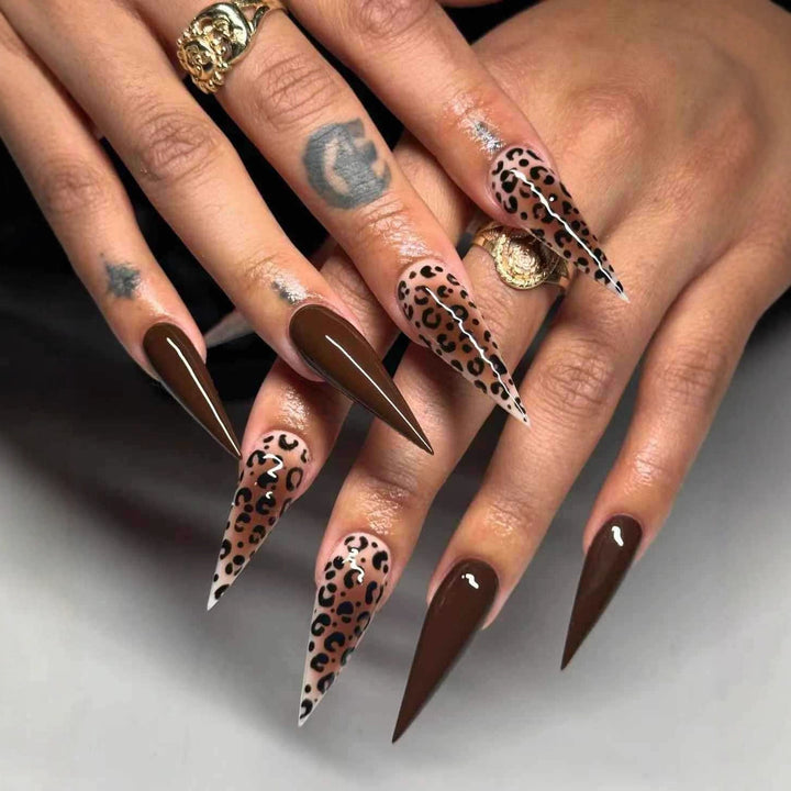 Nail set with elegant leopard pattern and modern stiletto design Stornfield