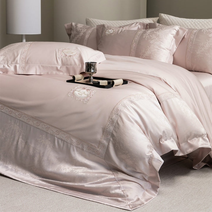 Luxurious Embroidered Satin-Jacquard Duvet Cover Bedding Set with Medallion and Lace Border