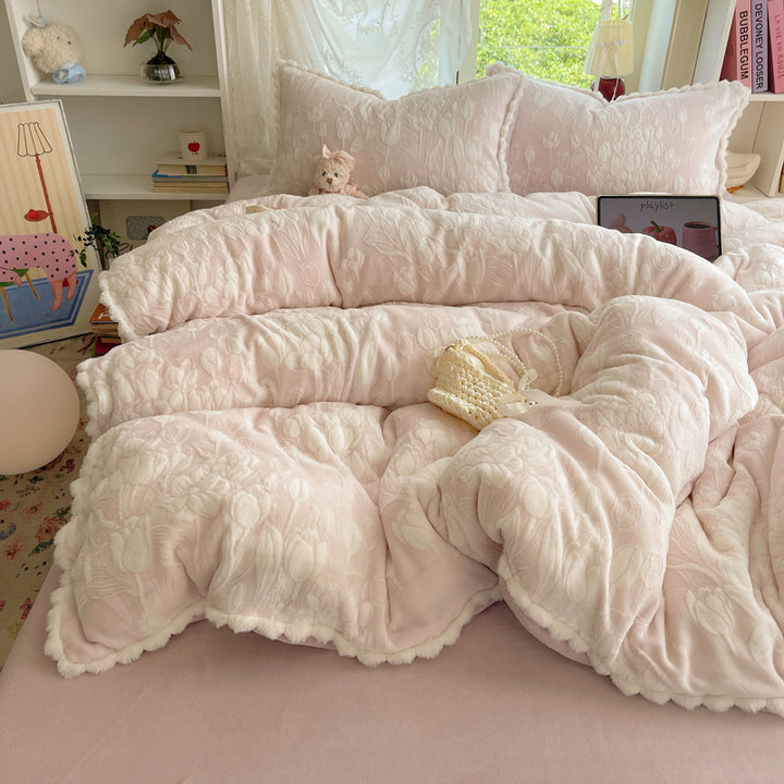 Plush Quilted Floral-Embossed Reversible Comforter Set with Sherpa Lining