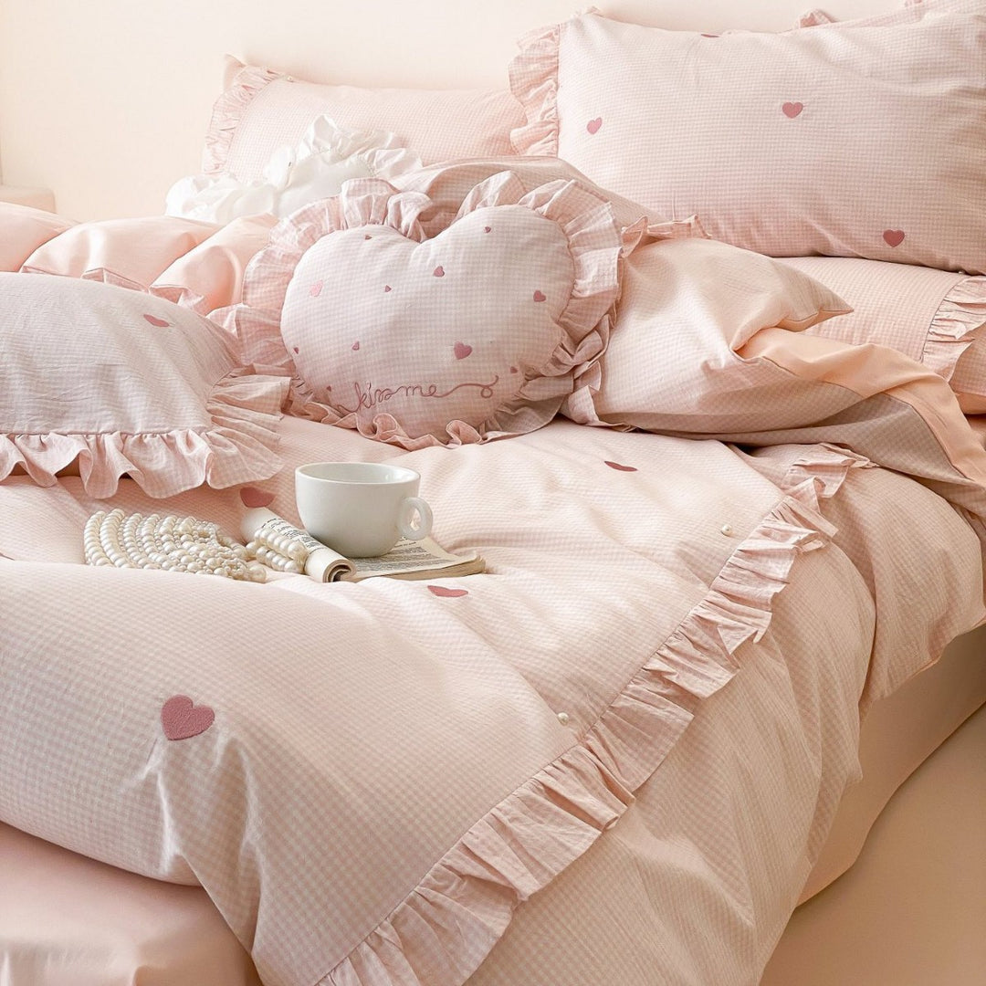 Romantic Ruffled Heart-Print Cotton Duvet Cover Set