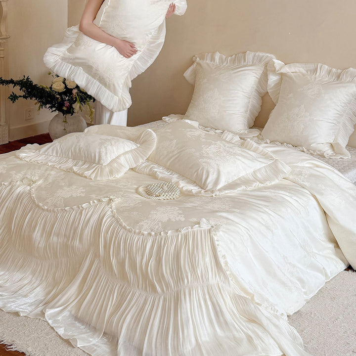 Luxe Pleated Voile & Jacquard Ruffled Duvet Ensemble with Frilled Euro Shams
