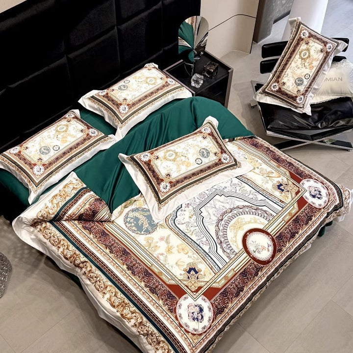 Luxury Baroque Satin-Feel Duvet Cover Set with Ornate Medallion Print