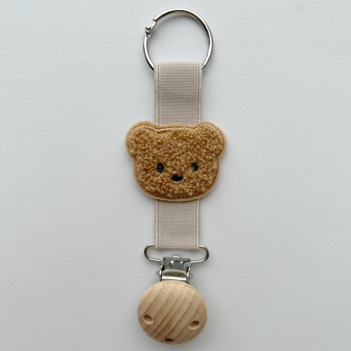 Embroidered Teddy Pacifier and Teether Clip with Wooden Safety Clamp
