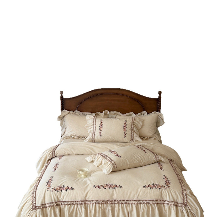 Vintage Ruffled Embroidered Linen Duvet Cover Set with Floral Pillow Shams