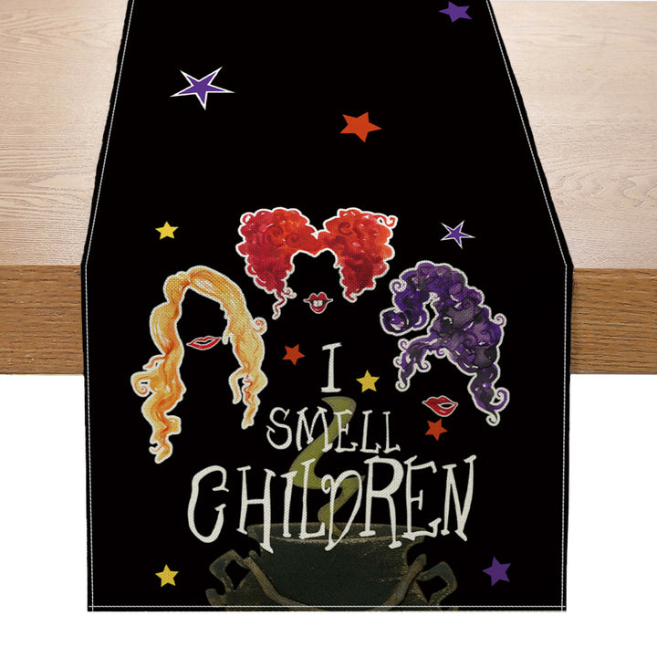 Halloween Cotton-Linen Table Runner with Sitting Cat and Pumpkin Illustration Decorative Border