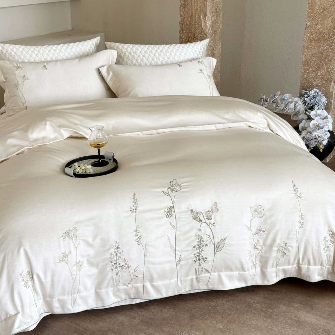 Luxurious satin bedding set with fine wildflower embroidery and reversible function