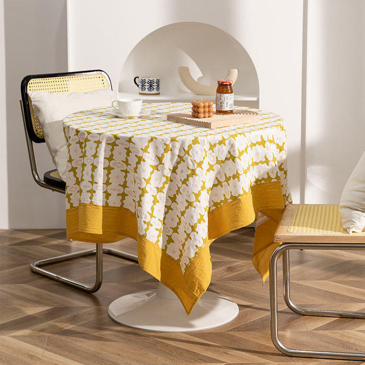 Rectangular printed tablecloth with wide hem and geometric pattern