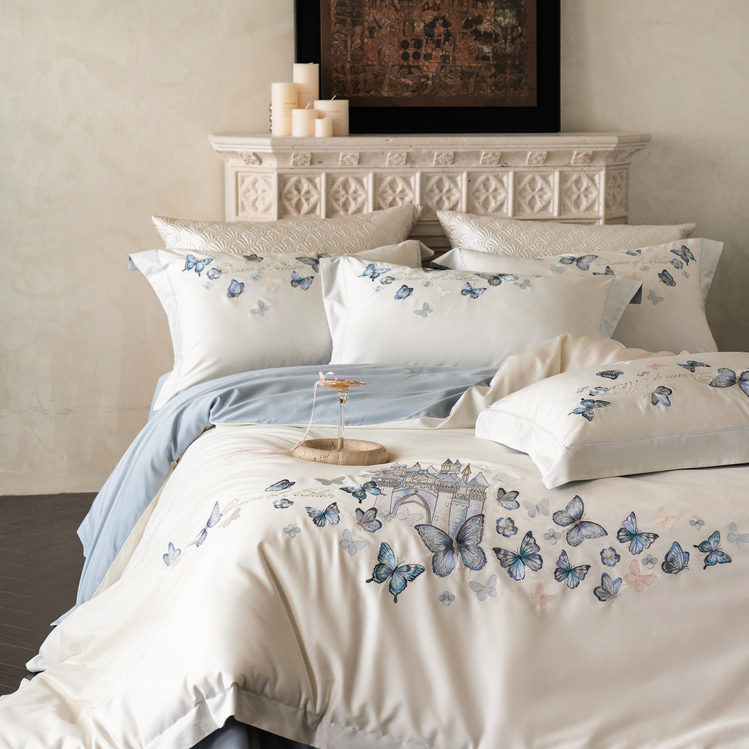Embroidered Butterfly Satin Duvet Cover Set with Decorative Pillow Shams