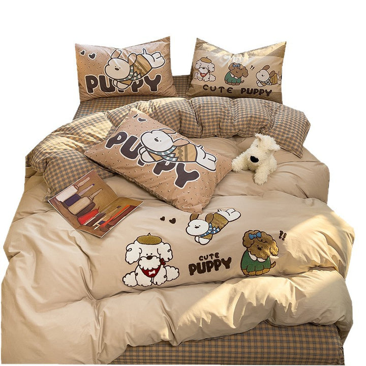 Cartoon Puppy Embroidered Cotton Duvet Cover Bedding Set with Plaid Accents