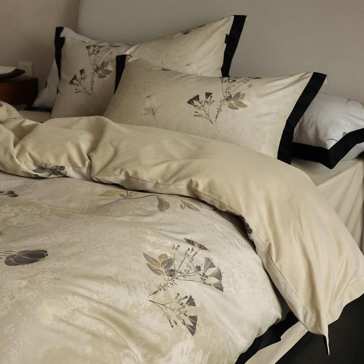Luxury Cotton-Sateen Botanical Duvet Cover Set with Contrast Piped Hem & Euro Shams