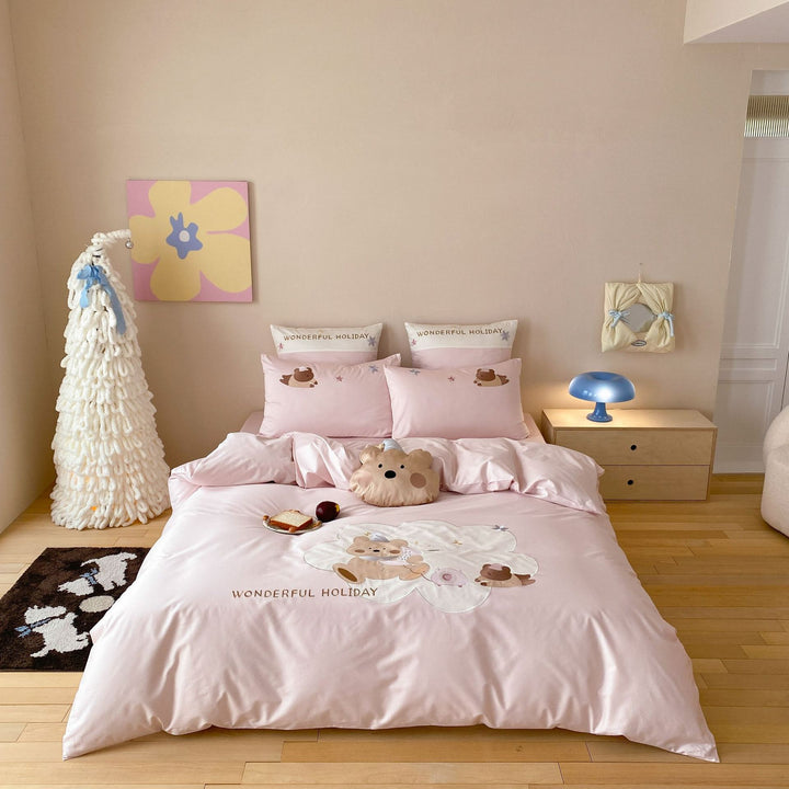 Cotton Sateen Teddy-Bear Printed Duvet Cover Set with Pillow Shams and Plush Accent
