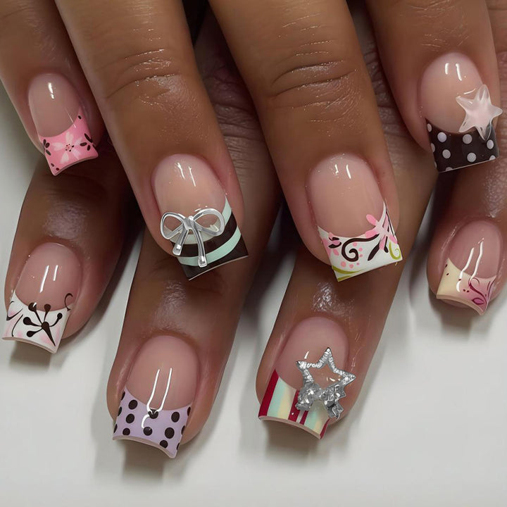 Acrylic Nail Set with Playful Bows and Patterns Stornfield